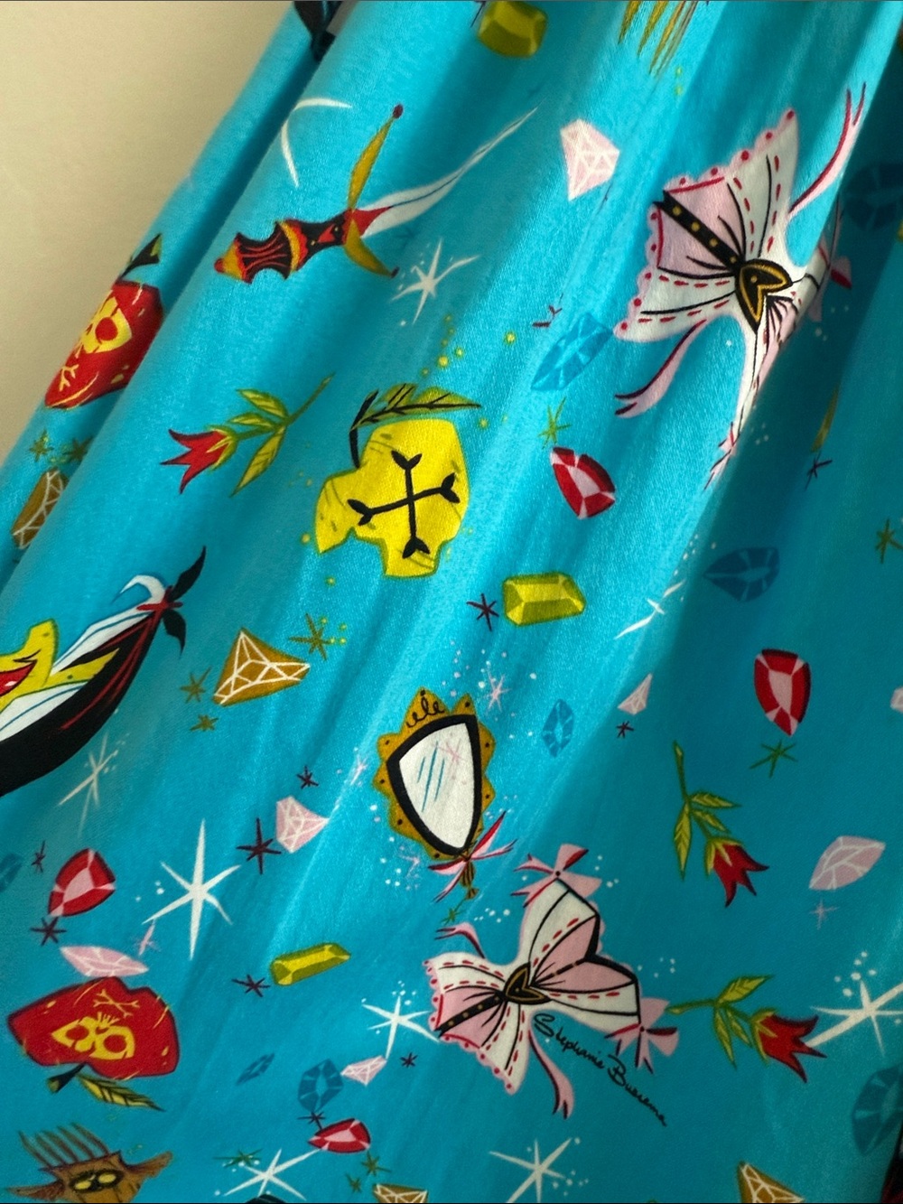 Pinup Couture Bright Turquoise Snow White Graphic Print Gathered A-Line Skirt - Picture 11 of 13